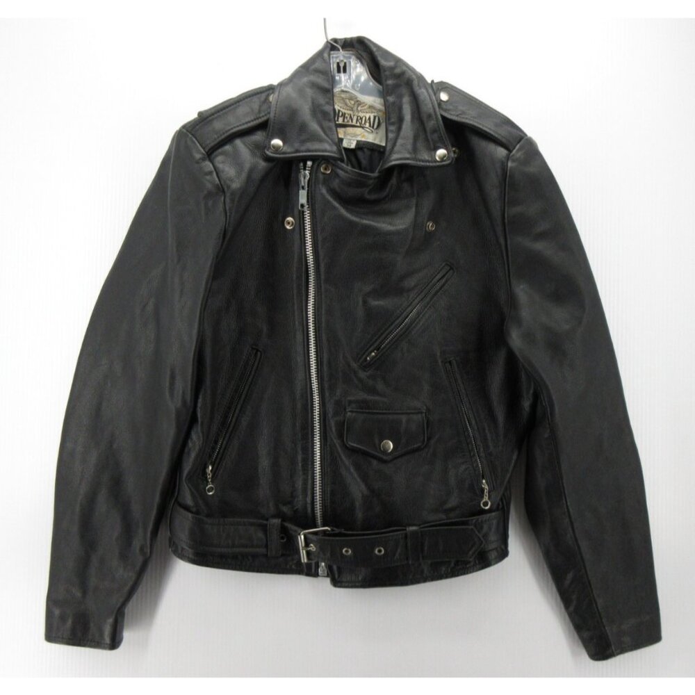 VINTAGE Open Road Jacket 38 Leather Motorcycle Brando Belted 80s 90s *